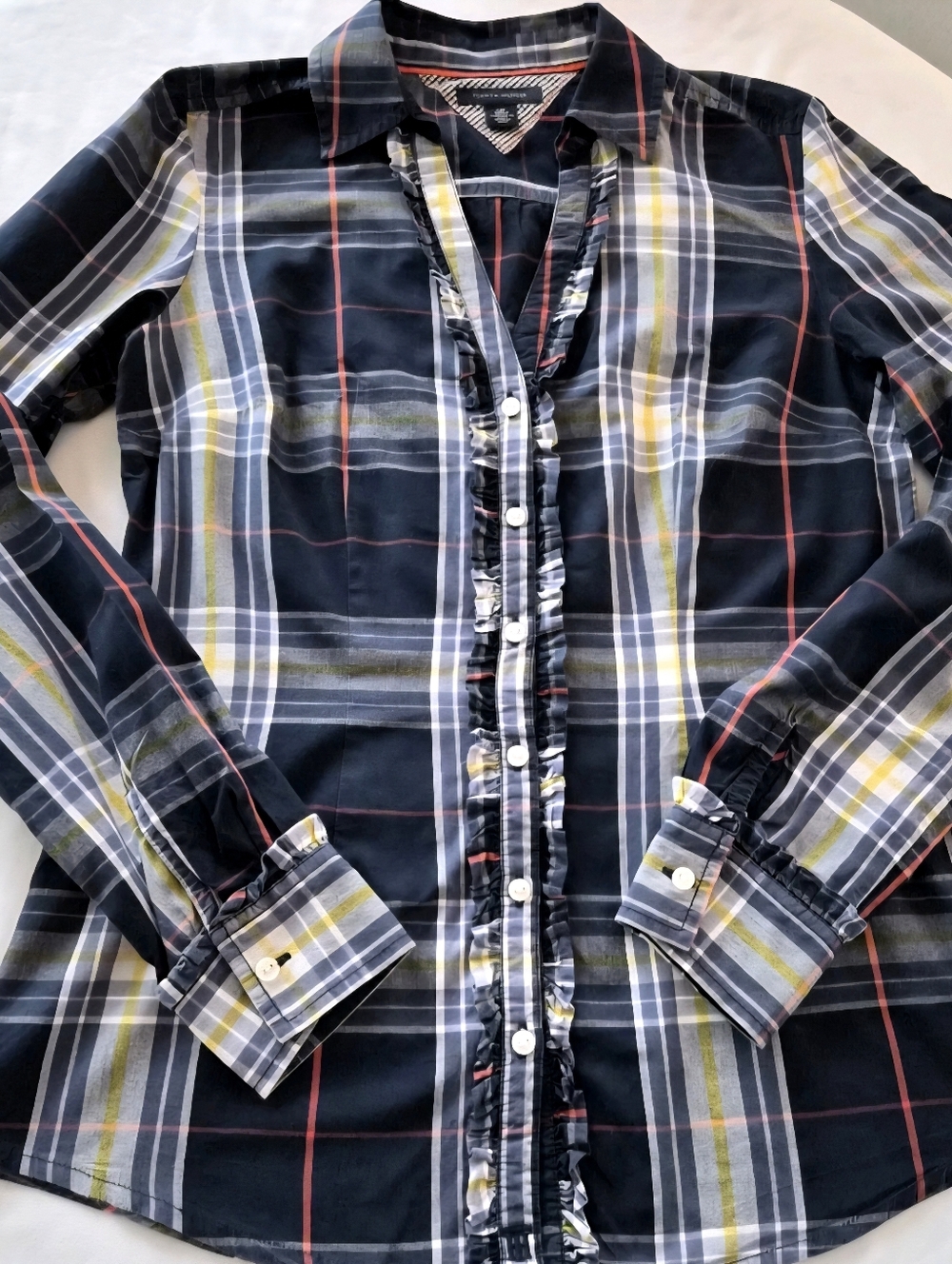 Tommy Hilfiger Petite Small Plaid Ruffle Button Front Shirt
